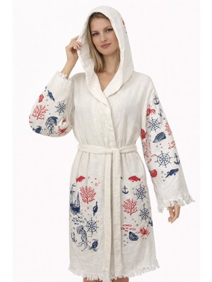 Emillie %100 Pamuk Müslin Bornoz Marine/mercan– Nefes Alabilen, Ultra Hafif, Hızlı Kuruyan Yazlık Bornoz