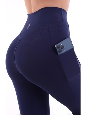 Emfure Kadın Lacivert Spor Tayt Çift Cepli Sıkılaştırıcı Toparlayıcı Yüksek Bel Sporcu Taytı Leggings Fitness