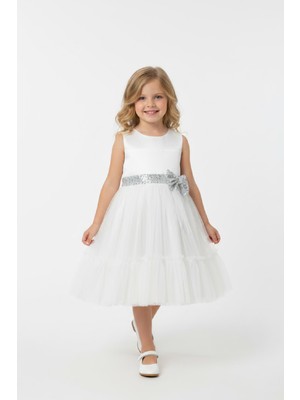 Modanino Kız Çocuk Elbise -Saten Tüllü Kumaş-Kuşak ve Fiyonk Detaylı 2-8 Yaş 12517