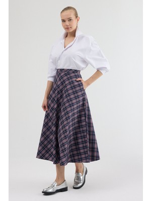 Moviment Lacivert-Kırmızı Aura Yüksek Bel A-Kesim Ekose Midi Etek