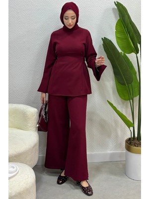 Tesettür Diyarı Meva Model Krep Bağlamalı Pantolon Tesettür Takım- Bordo