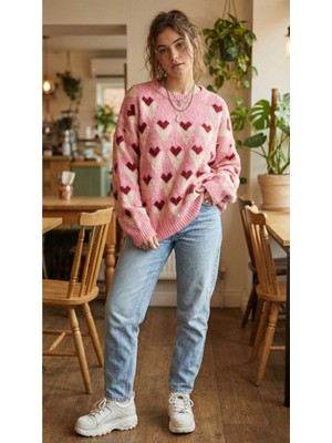 Qoolest Kadın Kalpli Yünlü Pembe Triko Sevgililer Günü Özel Yumuşak Dokulu Oversize Kazak