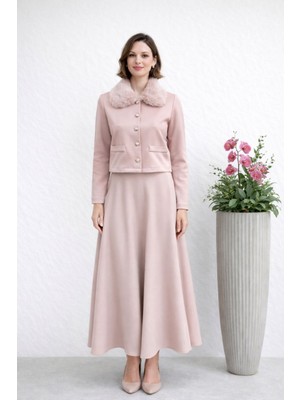 Hiramir Kürk Yakalı Düğmeli Ceket ve Uzun Etek Ikili Takım YZ2604