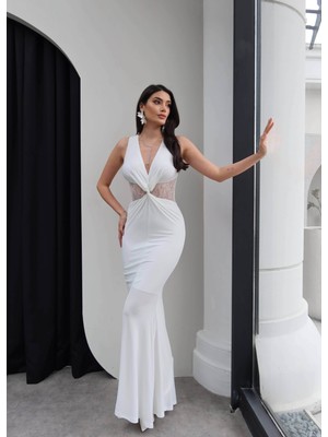 Esra Helvacı Ön Düğüm Dantelli Elbise