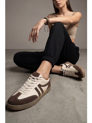 Marjin Kadın Retro Spor Ayakkabı Düz Taban Kahve Sneaker Poliüretan Malzeme ile Rahat Kullanım