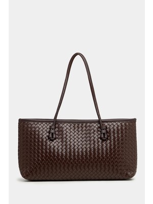 Egbutik Kahverengi Kadın Örgü Desenli Pu Deri El ve Omuz Çantası – Zarif Geniş Form