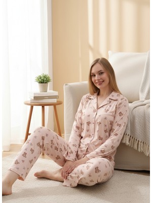 Seboteks Ayıcık Desenli Milan Kumaş Önden Düğmeli Uzun Kollu Kadın Pijama Takımı 1042