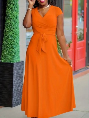 Indispensablely Kadın Kısa Kollu V Yakalı Belden Kuşaklı Maksi Boy Viskon Elbise