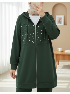 Modamorfo Kapşonlu Fermuarlı Önü İnci Ve Taş Detaylı Oyhso Takım -Haki