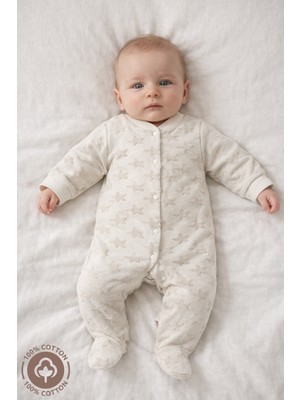Miniel Unisex Bebek Yıldız Desenli 0-6 Ay Penye Organik Pamuklu Patikli Bebek Tulum