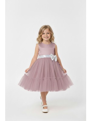 Modanino Kız Çocuk Elbise -Saten Tüllü Kumaş-Kuşak ve Fiyonk Detaylı 2-8 Yaş 12517