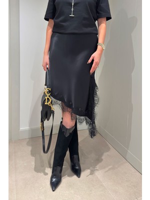 Magarde Beli Lastikli Dantelli Saten Etek- Siyah