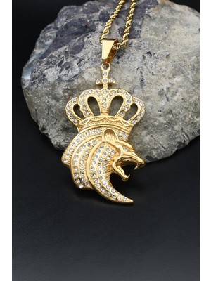 Prestige Kral Taclı Aslan Figürlü Kolye Paslanmaz Çelik Zincir Altın Kaplama 902590