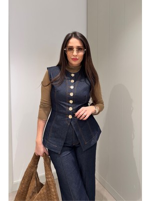 Magarde Premium Seri Gold Düğmeli  Jean Yelek- Koyu Lacivert