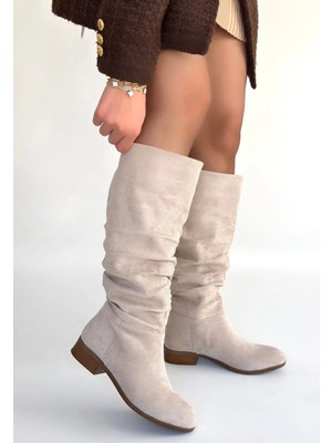 Veralya Winda Bej Süet Körüklü Topuklu Çizme