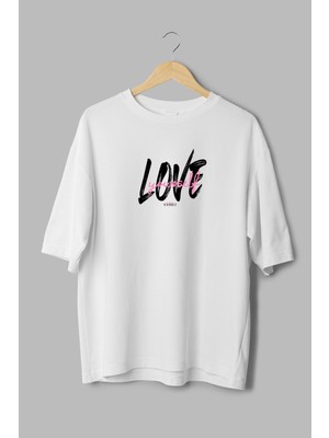 Overoz Love Yourself Baskılı Yarı Oversize Beyaz T-Shirt 1109