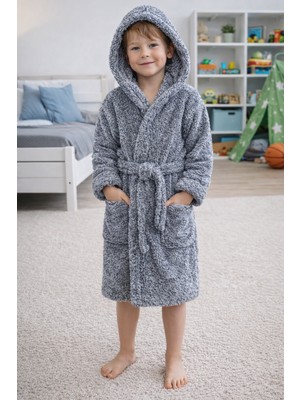 Mislina Home Luna Soft Kız / Erkek Çocuk Kapşonlu Wellsoft Bornoz Peluş Sabahlık | Antrasit