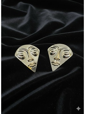 Fm Kadın Abstract Face Antik Gold/gümüş Seçenekli Kaplama Zamak Küpe - Soyut Surrealist Maske Yüz Figürlü Maske Model Tasarım Küpe