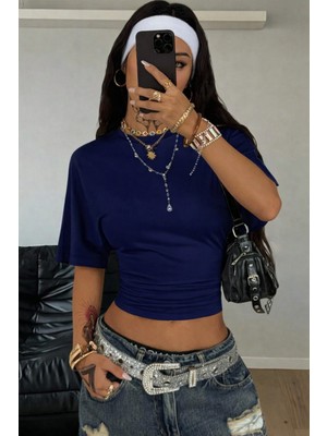 Tarz Cool Kadın Lacivert Kısa Kollu Crop Tişört – Bisiklet Yaka, Slim Fit, Günlük & Şık Basic T-Shirt