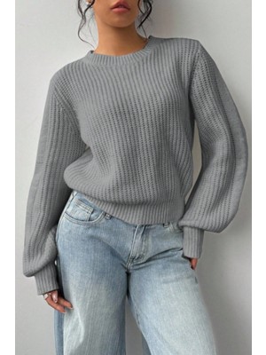 Tarz Cool Kadın Lacivert Oversize Bisiklet Yaka Balon Kol Fitilli Triko Kazak