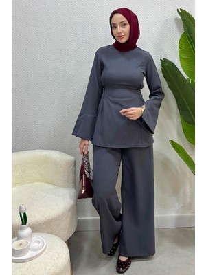 Tesettür Diyarı Meva Model Krep Bağlamalı Pantolon Tesettür Takım- Füme