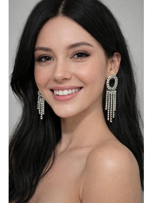 No Name Zirkon Taşlı Su Yolu Sallantılı Gümüş Kaplama Küpe Günlük Kullanım -Özel Günler