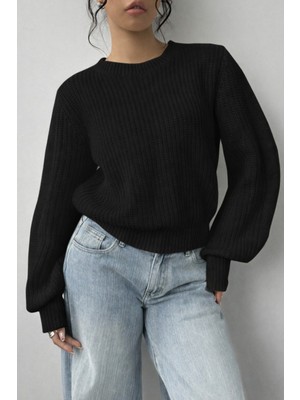 Tarz Cool Kadın Lacivert Oversize Bisiklet Yaka Balon Kol Fitilli Triko Kazak