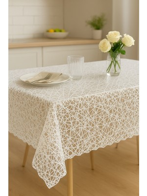 Iplik Desen Hasır Pvc Şeffaf Kaplamalı Lüks Muşamba Masa Örtüsü Beyaz