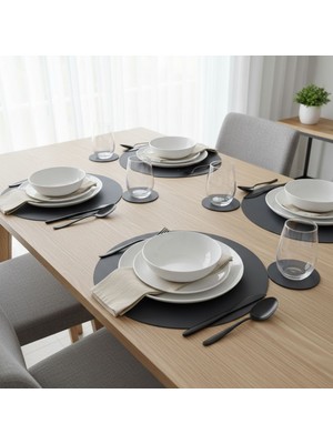 Grand Fine Art 4+4 Deri Amerikan Servis+Deri Bardak Altlığı Set,çift Yüz Kullanılabilir Amerikan Servis Set Siyah