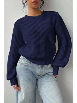 Tarz Cool Kadın Lacivert Oversize Bisiklet Yaka Balon Kol Fitilli Triko Kazak