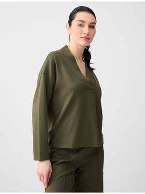 Jimmy Key Haki Rahat Kesim V Yaka Modal Örme Sweatshirt