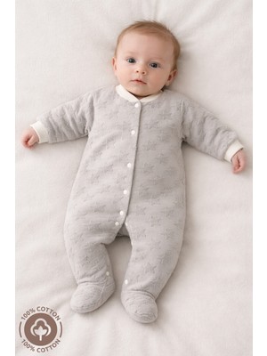 Miniel Unisex Bebek Yıldız Desenli 0-6 Ay Penye Organik Pamuklu Patikli Bebek Tulum