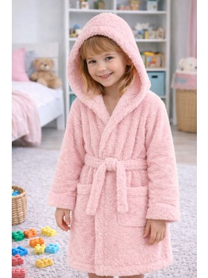 Mislina Home Luna Soft Kız / Erkek Çocuk Kapşonlu Wellsoft Bornoz Peluş Sabahlık | Pudra