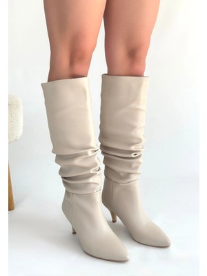 Veralya Zelya Bej Cilt Topuklu Çizme