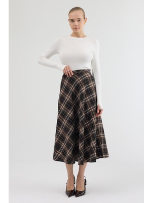 Moviment Kahverengi-Siyah Aura Yüksek Bel A-Kesim Ekose Midi Etek