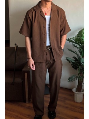 Tarz Cool Erkek Kahverengi Apaj Yaka Gömlek Pantolon Takım
