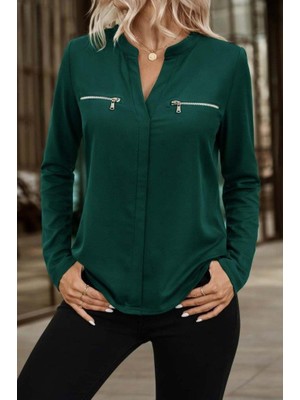 Mareandpanda Kadın Uzun Kollu V Hakim Yaka Fermuar Detaylı Viskon Bluz