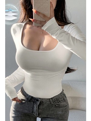 Tarz Cool Kadın Beyaz Kare Yaka Uzun Kollu Esnek Body – Günlük & Şık Slim Fit Basic Bluz