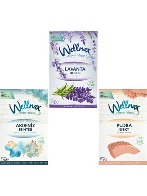 Wellnax Breeze Refresh 3’lü Dolap ve Çekmece Koku Kesesi Seti – Lavanta, Akdeniz Esintisi, Pudra Efekt (3 x 21 G)