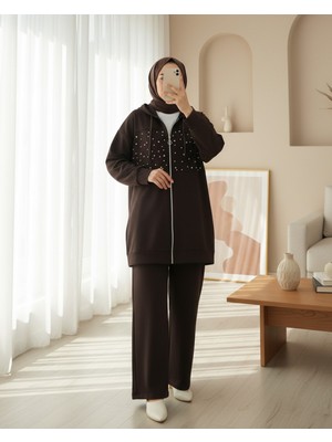 Modamorfo Kapşonlu Fermuarlı Önü Inci ve Taş Detaylı Oyhso Takım -Kahve