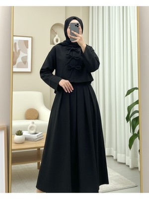 Modamorfo Önü Bağcıklı Etekli Kaşe Takım  -Siyah