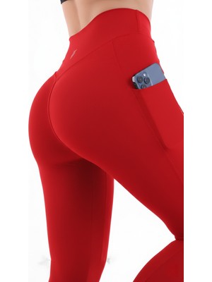 Emfure Kırmızı Kadın Spor Tayt Çift Cepli Sıkılaştırıcı Toparlayıcı Yüksek Bel Sporcu Taytı Leggings Fitness