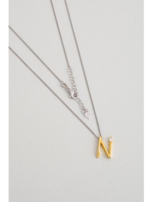 So CHIC Asimetrik N Harfi 18 Ayar Beyaz ve Sarı Altın Kaplama 45 cm Gümüş Harfli Kolye