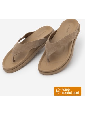 Marjin Kadın Hakiki Deri Parmak Arası Günlük Terlik Tarkin Camel Süet