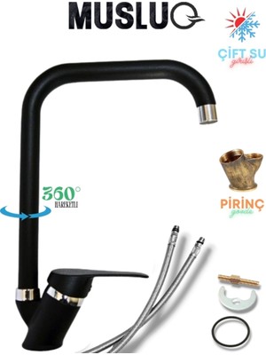 Musluq Siyah Krom Köşe Borulu Mutfak Eviye Bataryası Musluğu Pirinç Gövde