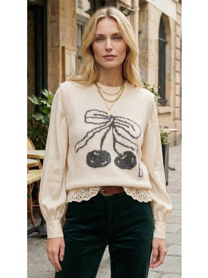 Qoolest Kadın Antrasit Yünlü Kolsuz Triko Süveter Kiraz Baskılı Korean Tarz Dantel Detaylı