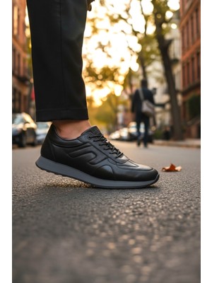 Enoch Hakiki Deri Siyah Detaylı Erkek Sneaker Ortopedik Taban
