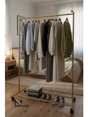 Metaliz Gold Pratik Tekerlekli Konfeksiyon Askısı  Kıyafet Standı ve Organizer