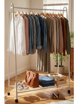 Metaliz Tekerli Metal Elbise Askılığı Taşınabilir ve Dayanıklı Raflı Giysi Standı Kıyafet Organizeri Beyaz