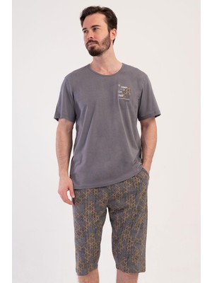 Vienetta Erkek Kısa Kol Füme Kapri %100 Pamuk Pijama Takımı C7T6N1804